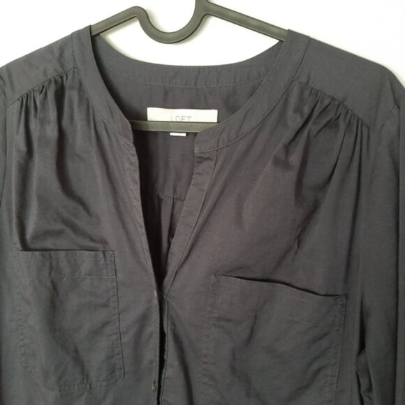 LOFT Ann Taylor 100% Cotton Utility Sleeve Button Down Shirt Top Navy Blue Sz S - Picture 4 of 9